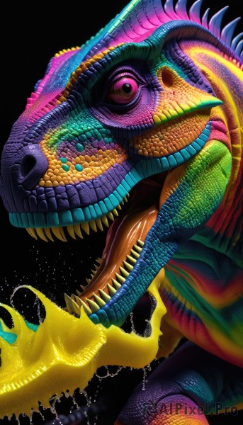 solo,open mouth,simple background,red eyes,teeth,tongue,tongue out,pink eyes,no humans,colored skin,fangs,sharp teeth,black background,monster,scales,looking at viewer,dragon,dinosaur