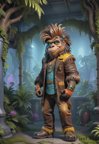 solo,smile,blue eyes,brown hair,shirt,gloves,1boy,animal ears,jewelry,standing,jacket,full body,flower,male focus,multicolored hair,open clothes,belt,pants,necklace,bracelet,tree,facial hair,leaf,watermark,thick eyebrows,blue shirt,plant,beard,furry,brown jacket,furry male,leather,brown pants,snout,leather jacket,looking at viewer,earrings,boots,outdoors,shoes,artist name,vest,two-tone hair,open jacket,torn clothes,fur trim,grass,wristband,web address,clenched hands,potted plant,lion ears,open vest,brown vest,brown fur,lion boy