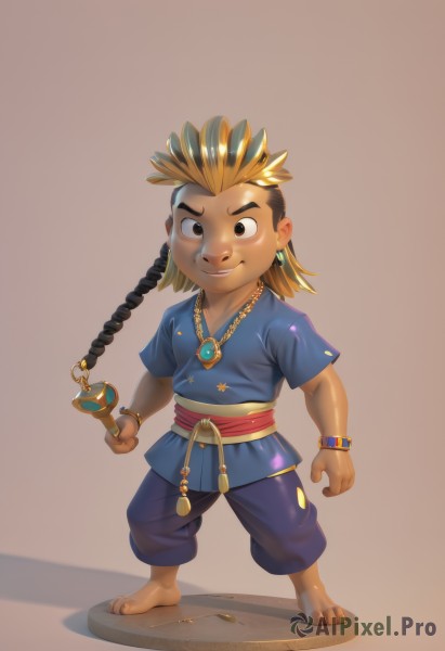 solo,looking at viewer,smile,blonde hair,simple background,brown hair,shirt,black hair,1boy,holding,jewelry,closed mouth,standing,full body,weapon,braid,short sleeves,male focus,multicolored hair,earrings,barefoot,pants,sword,necklace,holding weapon,black eyes,bracelet,two-tone hair,sash,holding sword,thick eyebrows,blue shirt,child,brown background,male child,faux figurine,long hair,brown eyes,artist name,watermark,gem