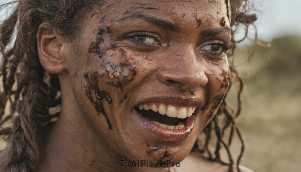 1girl,solo,long hair,smile,open mouth,brown hair,1boy,male focus,outdoors,teeth,day,dark skin,blurry,lips,looking to the side,grey eyes,blurry background,portrait,freckles,realistic,dirty,dreadlocks,brown eyes,facial hair,parody,close-up,curly hair,nose