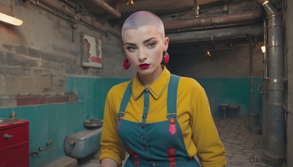 1girl,solo,looking at viewer,short hair,shirt,long sleeves,jewelry,upper body,grey hair,earrings,parted lips,collared shirt,indoors,lips,grey eyes,makeup,lipstick,yellow shirt,hoop earrings,realistic,tiles,red lips,overalls,very short hair,tile wall,industrial pipe,breasts,buttons,sleeves rolled up,eyeshadow,bald,mascara