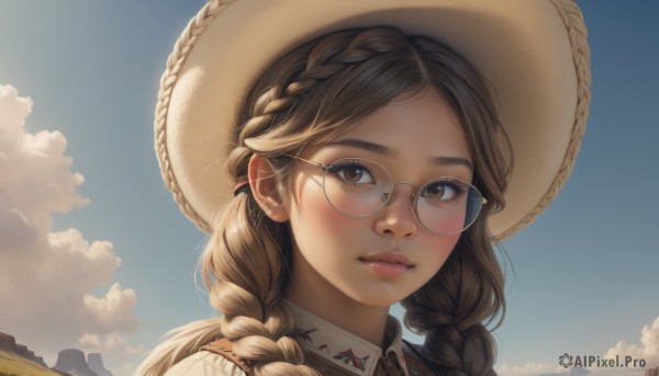 1girl,solo,long hair,looking at viewer,blush,bangs,brown hair,shirt,hat,twintails,brown eyes,closed mouth,white shirt,braid,outdoors,sky,glasses,day,collared shirt,artist name,cloud,twin braids,blue sky,lips,parted bangs,eyelashes,sunlight,cloudy sky,portrait,hair over shoulder,freckles,pink lips,realistic,nose,round eyewear,brown headwear,grey-framed eyewear,brown-framed eyewear,parted lips,scenery,sun hat,landscape