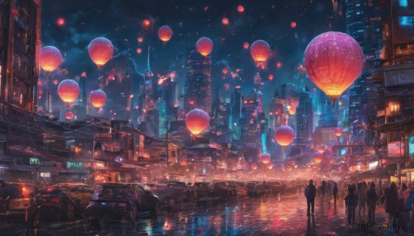 outdoors, multiple boys, sky, cloud, dutch angle, night, ground vehicle, building, night sky, scenery, motor vehicle, reflection, city, sign, aircraft, car, road, cityscape, dark, balloon, lamppost, street, paper lantern, skyscraper, city lights, neon lights, people