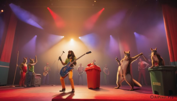 1girl,long hair,smile,multiple girls,brown hair,shirt,black hair,gloves,holding,animal ears,standing,tail,nude,multiple boys,shoes,black gloves,pants,hood,black footwear,instrument,fishnets,microphone,furry,6+boys,green shirt,music,guitar,dancing,singing,playing instrument,holding instrument,electric guitar,microphone stand,crowd,drum,stage,speaker,bass guitar,spotlight,drumsticks,stage lights,drum set,concert,audience,amplifier,dress,formal,realistic