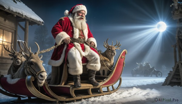 HQ,solo,1boy,hat,sitting,white hair,male focus,boots,outdoors,sky,belt,pants,black footwear,tree,fur trim,night,facial hair,chain,moon,night sky,christmas,beard,snow,santa hat,santa costume,mustache,sun,antlers,house,old,old man,reindeer,reins,long sleeves,holding,jacket,window,animal,ground vehicle,star (sky),red headwear,full moon,snowing,sack,reindeer antlers