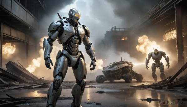 HQ,1boy,standing,weapon,cloud,armor,military,no humans,glowing,robot,ground vehicle,building,mecha,motor vehicle,smoke,science fiction,realistic,military vehicle,car,explosion,ruins,tank,damaged,open hands,power armor,debris,soldier,dust,truck,sky,signature,water,orange eyes,cloudy sky,fire,glowing eyes,city,aircraft,battle,dirty