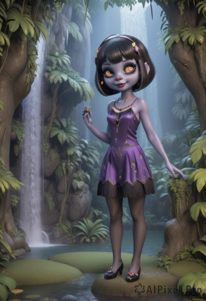 1girl,solo,breasts,looking at viewer,smile,short hair,bangs,black hair,dress,bare shoulders,jewelry,standing,full body,yellow eyes,pantyhose,hairband,earrings,small breasts,outdoors,shoes,sleeveless,blunt bangs,water,necklace,nail polish,black footwear,tree,black pantyhose,bare arms,makeup,sleeveless dress,colored skin,animal,leaf,short dress,bob cut,bug,plant,lipstick,child,nature,purple dress,pendant,forest,female child,mushroom,waterfall,hair ornament,holding,brown eyes,collarbone,parted lips,day,artist name,signature,high heels,lips,orange eyes,see-through,looking to the side,watermark,sunlight,grass,gem,web address,rock,red lips,purple skin,pond