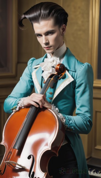 1girl,solo,looking at viewer,short hair,brown hair,black hair,long sleeves,1boy,jewelry,closed mouth,standing,male focus,cowboy shot,earrings,pants,indoors,blurry,lips,ascot,black pants,formal,suit,blue jacket,instrument,realistic,nose,music,playing instrument,holding instrument,blue coat,violin,bow (music),sitting,makeup,chair