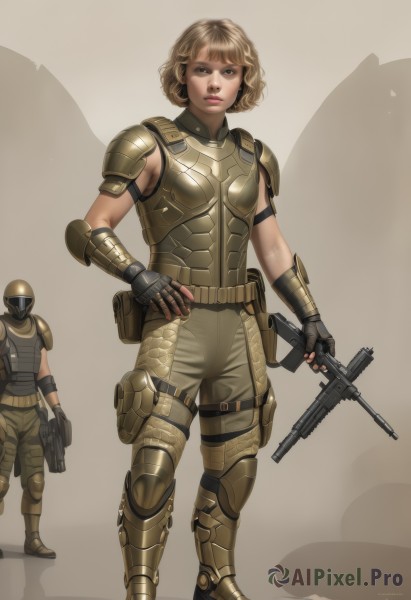 1girl,looking at viewer,short hair,blonde hair,brown hair,gloves,1boy,holding,brown eyes,standing,full body,weapon,boots,solo focus,black gloves,pants,fingerless gloves,holding weapon,armor,lips,hand on hip,gun,military,shadow,helmet,shoulder armor,holding gun,rifle,pouch,breastplate,realistic,assault rifle,armored boots,knee pads,greaves,trigger discipline,elbow pads,soldier,bulletproof vest,body armor,handgun,science fiction,submachine gun,full armor