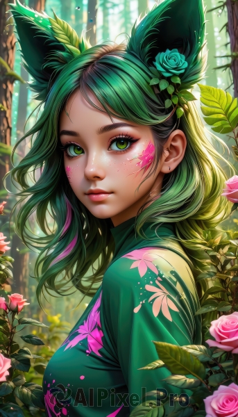 1girl,solo,long hair,breasts,looking at viewer,bangs,hair ornament,animal ears,jewelry,medium breasts,closed mouth,green eyes,upper body,flower,multicolored hair,earrings,outdoors,parted lips,green hair,artist name,cat ears,hair flower,medium hair,blurry,from side,two-tone hair,tree,lips,animal ear fluff,fox ears,eyelashes,makeup,rose,leaf,watermark,facial mark,floral print,plant,lipstick,nature,web address,pink flower,eyeshadow,forest,freckles,blue flower,nose,red lips,eyeliner,blue rose,facepaint,vines,pink rose,mascara,green flower,shirt,day,streaked hair,parted bangs,sunlight,thick eyebrows,extra ears,pink lips,green shirt