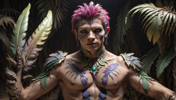 solo,looking at viewer,short hair,1boy,holding,brown eyes,jewelry,closed mouth,nipples,upper body,pink hair,male focus,necklace,bracelet,tree,tattoo,muscular,leaf,facial mark,abs,feathers,pectorals,plant,muscular male,bara,topless male,realistic,facepaint,facial tattoo,bodypaint,smile,earrings,tribal