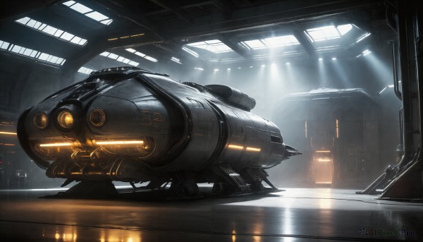 HQ,indoors,signature,no humans,window,sunlight,robot,scenery,mecha,reflection,science fiction,light rays,realistic,aircraft,light,vehicle focus,spacecraft,lights,machinery,space,thrusters