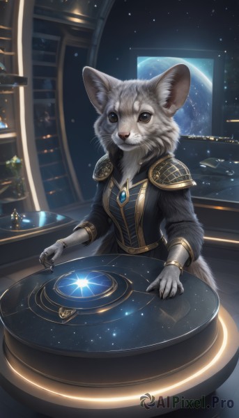 1girl,solo,looking at viewer,long sleeves,animal ears,jewelry,tail,sky,artist name,indoors,signature,armor,black eyes,black dress,bracelet,animal ear fluff,no humans,window,night,animal,moon,table,cat,plant,brooch,shoulder armor,gem,star (sky),night sky,claws,furry,starry sky,furry female,potted plant,space,body fur,white fur,planet,animal nose,whiskers,earth (planet),constellation,grey fur,globe,galaxy,brown eyes,sitting,watermark,fantasy