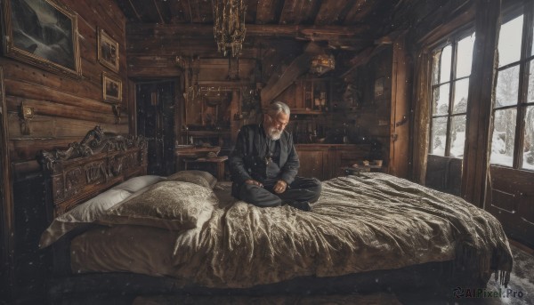 solo,short hair,shirt,long sleeves,1boy,sitting,closed mouth,jacket,white shirt,white hair,grey hair,male focus,necktie,collared shirt,pants,indoors,black jacket,pillow,book,window,bed,bed sheet,facial hair,on bed,black pants,formal,crossed legs,own hands together,suit,curtains,scenery,black necktie,light particles,beard,snow,snowing,lamp,indian style,photo (object),bedroom,wide shot,old,old man,picture frame,black suit,painting (object),hands on lap,drawer,cabinet,weapon,vest,tree,coat,sleeping,helmet,blanket,candle,bald,winter,chest of drawers,animal skull