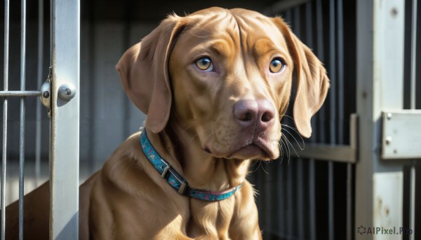 HQ,solo,brown eyes,closed mouth,upper body,indoors,blurry,collar,no humans,blurry background,animal,looking up,dog,realistic,door,animal focus,animal collar,whiskers,shiba inu,looking at viewer,yellow eyes,portrait,red collar,clothed animal