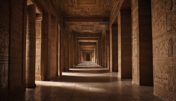 monochrome,indoors,book,no humans,shadow,sunlight,scenery,light rays,stairs,door,bookshelf,pillar,library,hallway,brown theme,column,wooden floor,tiles,architecture,tile floor,statue,floor,arch,reflective floor