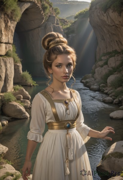 1girl,solo,looking at viewer,blue eyes,brown hair,dress,brown eyes,jewelry,standing,earrings,outdoors,parted lips,sky,day,water,necklace,hair bun,white dress,lips,sunlight,single hair bun,gem,nature,scenery,light rays,rock,realistic,fantasy,sunbeam,lake,moss,stone,breasts,long sleeves,collarbone,nail polish,red nails,river