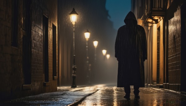 solo,1boy,standing,male focus,outdoors,sky,hood,from behind,blurry,coat,night,building,scenery,1other,hood up,rain,city,light,road,dark,lamppost,street,ambiguous gender,alley,pavement,boots,window,shadow,cloak,walking,lamp,brick wall,hooded cloak