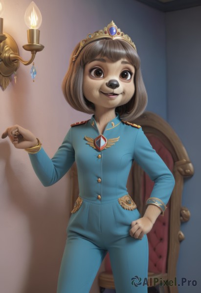 1girl,solo,looking at viewer,smile,short hair,open mouth,bangs,brown hair,shirt,long sleeves,animal ears,brown eyes,jewelry,standing,cowboy shot,pants,indoors,hand up,uniform,bracelet,hand on hip,military,military uniform,chair,tiara,crown,blue shirt,blue jacket,gem,furry,epaulettes,furry female,blue pants,candle,badge,blue gemstone,sitting,teeth,artist name,buttons,fire,dog ears,dog,dog girl,throne,candlestand