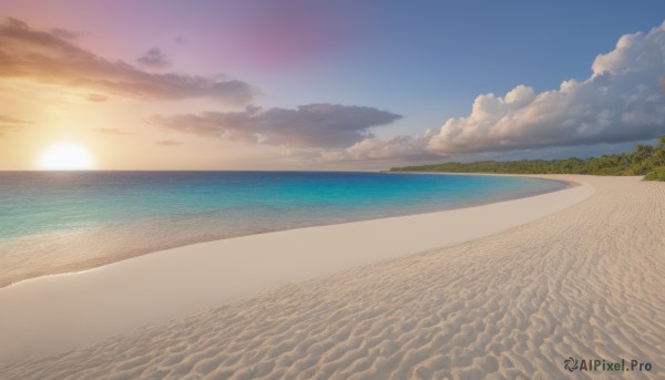 outdoors,sky,day,cloud,water,tree,blue sky,no humans,ocean,beach,cloudy sky,nature,scenery,sunset,sand,sun,horizon,waves,landscape,gradient sky,shore,orange sky,sunlight,forest