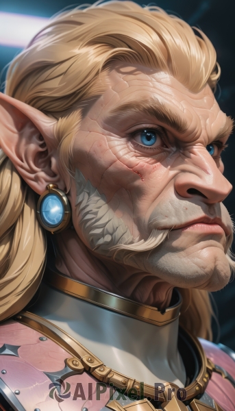 solo,long hair,blue eyes,blonde hair,1boy,jewelry,closed mouth,male focus,earrings,pointy ears,armor,lips,facial hair,scar,elf,portrait,beard,scar on face,close-up,serious,realistic,nose,mustache,scar across eye,manly,old,wrinkled skin,thick eyebrows,veins,old man