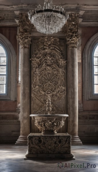 day,indoors,no humans,window,sunlight,scenery,stairs,door,architecture,pillar,statue,church,arch,column,tiles,tile floor,still life,chandelier