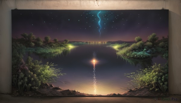 A tranquil sunset outdoors showcasing a lightning
