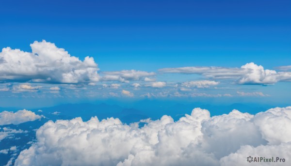 monochrome,outdoors,sky,day,cloud,blue sky,no humans,ocean,cloudy sky,scenery,blue theme,horizon,landscape,above clouds