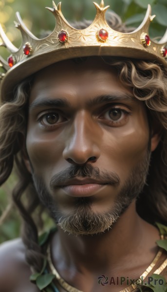 solo,long hair,looking at viewer,brown hair,1boy,brown eyes,jewelry,closed mouth,braid,male focus,dark skin,necklace,blurry,blurry background,facial hair,crown,portrait,beard,close-up,realistic,mustache,leaf,gem,manly