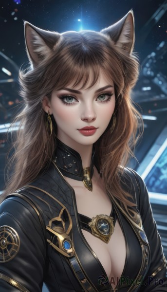 1girl,solo,long hair,breasts,looking at viewer,bangs,blue eyes,brown hair,animal ears,cleavage,jewelry,medium breasts,closed mouth,green eyes,jacket,upper body,earrings,artist name,cat ears,blurry,lips,animal ear fluff,grey eyes,eyelashes,makeup,night,blurry background,lipstick,realistic,nose,red lips,open clothes,choker,signature,collar,black jacket,wolf ears,thick eyebrows,star (sky),eyeliner