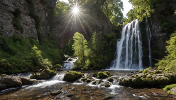 outdoors,day,water,tree,no humans,sunlight,nature,scenery,forest,light rays,rock,sunbeam,river,waterfall,cliff,moss,landscape,stream