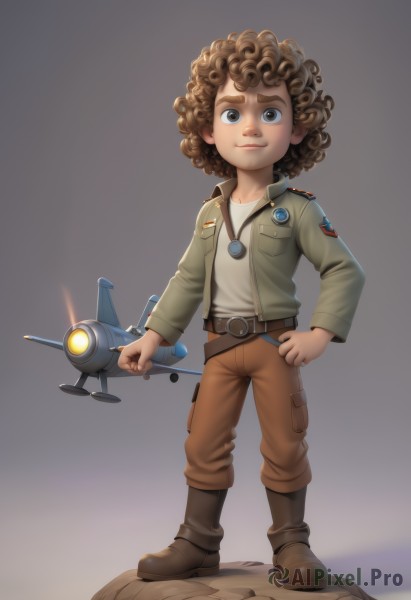 solo,looking at viewer,smile,simple background,brown hair,shirt,1boy,brown eyes,standing,jacket,full body,white shirt,male focus,boots,belt,pants,military,brown footwear,thick eyebrows,suspenders,child,curly hair,aircraft,airplane,male child,brown pants,badge,afro,blue eyes,long sleeves,jewelry,closed mouth,open clothes,artist name,grey background,necklace,black footwear,open jacket,lips,hand on hip,watermark,brown jacket,green jacket