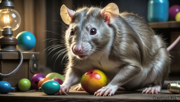 HQ,indoors,signature,blurry,black eyes,no humans,animal,watermark,cat,claws,ball,realistic,animal focus,mouse,whiskers,solo,brown eyes,food,fruit,blurry background,web address,apple,2008