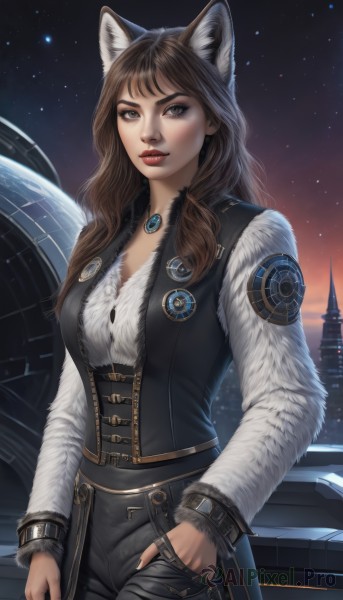 1girl,solo,long hair,breasts,looking at viewer,bangs,brown hair,shirt,long sleeves,animal ears,brown eyes,jewelry,white shirt,cowboy shot,outdoors,parted lips,sky,belt,pants,cat ears,vest,lips,fur trim,makeup,night,black pants,ring,lipstick,ground vehicle,star (sky),night sky,motor vehicle,corset,starry sky,hand in pocket,black vest,hands in pockets,red lips,car,medium breasts,standing,jacket,artist name,necklace,nail polish,buttons,wolf ears,black nails,city,realistic,wolf girl