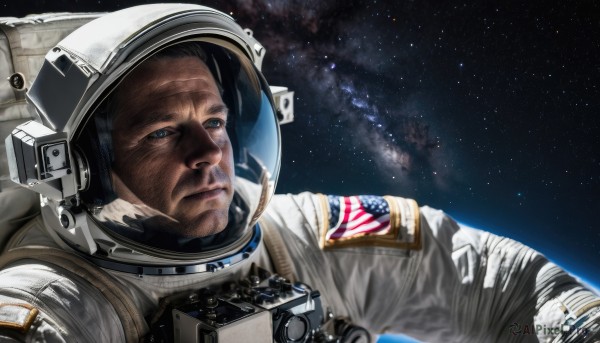 solo,blue eyes,black hair,1boy,upper body,male focus,sky,star (symbol),facial hair,helmet,star (sky),beard,starry sky,reflection,realistic,space,planet,earth (planet),american flag,spacesuit,astronaut,looking at viewer,closed mouth,flag print,japanese flag,space helmet,united states,american flag print