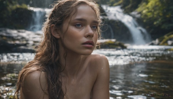 1girl, solo, long hair, looking at viewer, blue eyes, blonde hair, upper body, nude, outdoors, parted lips, water, blurry, lips, wet, blurry background, freckles, realistic