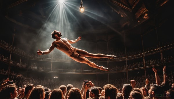 short hair,black hair,1boy,nipples,male focus,nude,multiple boys,barefoot,solo focus,indoors,muscular,6+girls,from below,6+boys,topless male,light rays,jumping,light,crowd,stage,ceiling,lights,spotlight,stage lights,ceiling light,people,stadium,wrestling ring,concert,audience,open mouth,navel,underwear,japanese clothes,pubic hair,parody,abs,outstretched arms,muscular male,male pubic hair,backlighting,male underwear,fundoshi,chandelier