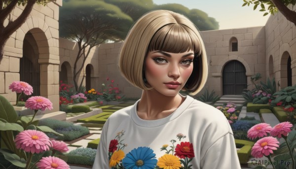 1girl,solo,looking at viewer,short hair,bangs,blonde hair,brown hair,shirt,brown eyes,closed mouth,collarbone,white shirt,upper body,flower,outdoors,day,blunt bangs,tree,lips,eyelashes,makeup,floral print,sunlight,bob cut,plant,building,pink flower,stairs,realistic,yellow flower,nose,print shirt,orange flower,leaf,garden