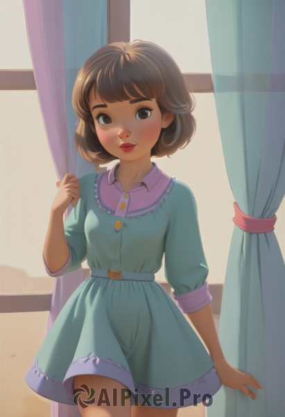 1girl,solo,breasts,looking at viewer,blush,smile,short hair,bangs,brown hair,dress,brown eyes,closed mouth,standing,cowboy shot,small breasts,belt,artist name,indoors,hand up,lips,window,makeup,buttons,blue dress,lipstick,curtains,backlighting,collared dress,red lips,curtain grab