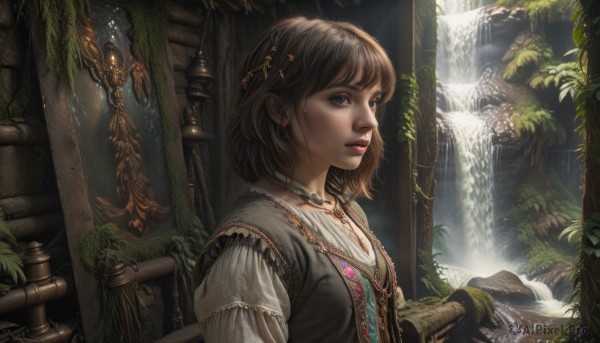 1girl,solo,short hair,bangs,brown hair,shirt,hair ornament,long sleeves,brown eyes,jewelry,upper body,earrings,outdoors,parted lips,water,necklace,vest,lips,looking away,sunlight,plant,nature,scenery,realistic,nose,fantasy,looking afar,vines,pillar,waterfall,arch,ivy,breasts,blue eyes,black hair,choker,makeup,moss