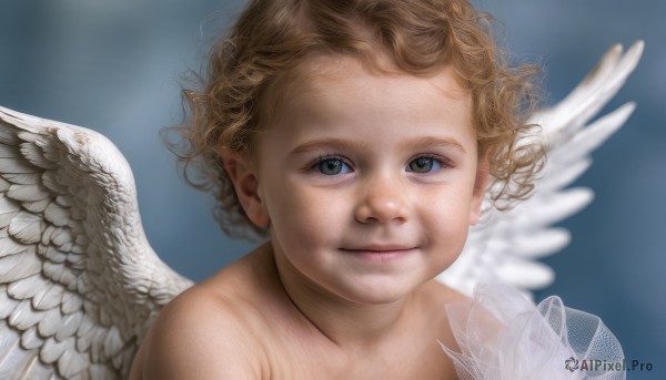 1girl,solo,looking at viewer,smile,short hair,blue eyes,blonde hair,brown hair,closed mouth,upper body,wings,blurry,lips,wavy hair,child,portrait,feathered wings,androgynous,curly hair,angel wings,realistic,white wings,angel,green eyes,blue background