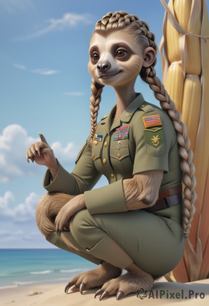 1girl,solo,long hair,breasts,looking at viewer,smile,brown hair,shirt,long sleeves,brown eyes,very long hair,closed mouth,full body,braid,short sleeves,outdoors,sky,barefoot,day,belt,pants,cloud,uniform,twin braids,blue sky,fingernails,military,military uniform,ocean,beach,squatting,claws,furry,pocket,green shirt,sand,furry female,breast pocket,green pants,medal,animal feet,furrification,jacket,tail,artist name,water,monster girl,animal hands,patch