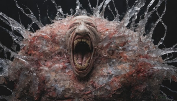 solo,open mouth,simple background,1boy,male focus,teeth,tongue,no humans,fangs,sharp teeth,black background,1other,veins,monster,realistic,horror (theme),uvula,tree,blood,chain