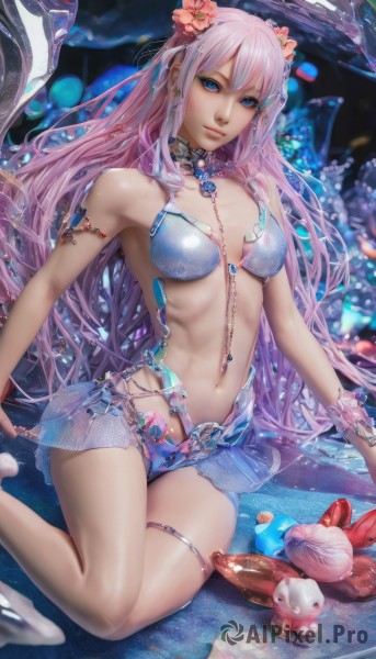 1girl,solo,long hair,breasts,looking at viewer,smile,bangs,blue eyes,skirt,hair ornament,navel,hair between eyes,bare shoulders,jewelry,medium breasts,sitting,very long hair,swimsuit,pink hair,flower,bikini,earrings,choker,hair flower,necklace,bracelet,lips,thigh strap,arm support,gem,blue bikini,armlet,fish,realistic,shell,seashell,cleavage,water,see-through,watermark,web address,nose,yokozuwari