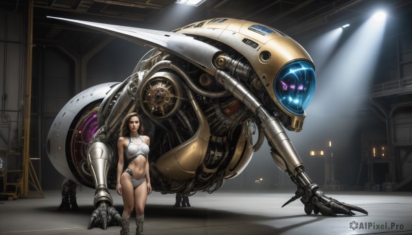 HQ,1girl,solo,long hair,breasts,brown hair,navel,underwear,standing,panties,midriff,indoors,bra,glowing,underwear only,robot,mecha,science fiction,sports bra,realistic,mechanical arms,single mechanical arm,lights,non-humanoid robot,blonde hair,boots,spacecraft