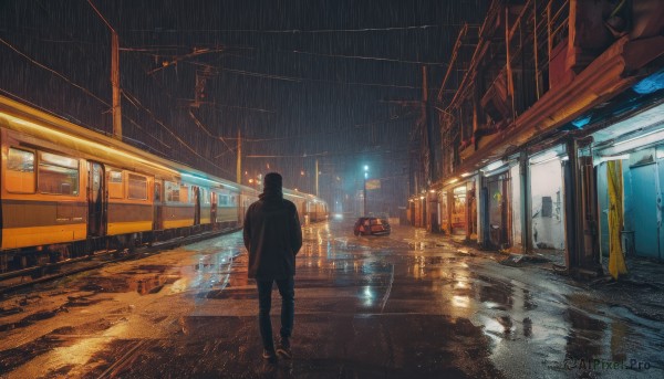 solo,black hair,1boy,standing,jacket,male focus,outdoors,sky,shoes,pants,from behind,night,black pants,ground vehicle,building,scenery,motor vehicle,reflection,rain,city,facing away,car,light,road,dark,lamppost,puddle,train,train station,railroad tracks,water,window,wide shot,power lines,vanishing point