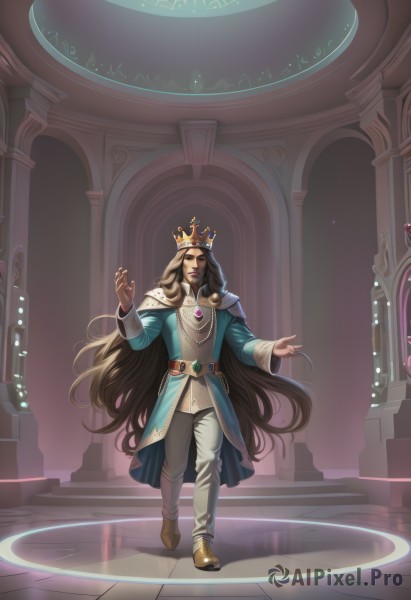 solo,long hair,brown hair,black hair,long sleeves,1boy,jewelry,very long hair,standing,full body,closed eyes,male focus,boots,belt,pants,artist name,indoors,necklace,armor,watermark,brown footwear,crown,gem,walking,blonde hair,cape,web address