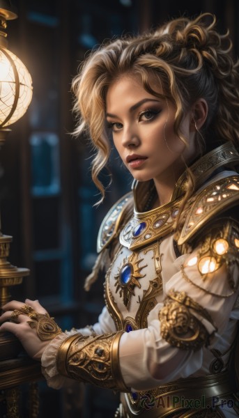 1girl,solo,long hair,looking at viewer,blonde hair,brown hair,long sleeves,brown eyes,jewelry,upper body,ponytail,parted lips,artist name,indoors,armor,blurry,lips,see-through,makeup,depth of field,blurry background,wavy hair,ring,lipstick,brooch,shoulder armor,gem,pauldrons,gold trim,realistic,nose,fantasy,red lips,watermark,eyeshadow,curly hair,gold