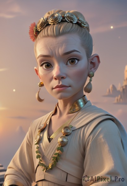 1girl,solo,looking at viewer,short hair,hair ornament,long sleeves,brown eyes,jewelry,closed mouth,upper body,flower,earrings,outdoors,sky,cloud,hair flower,necklace,hair bun,blurry,lips,blurry background,single hair bun,backlighting,freckles,sunset,realistic,nose,old,old woman,traditional clothes,collarbone,artist name,eyelashes,watermark,sunlight,tassel,mountain