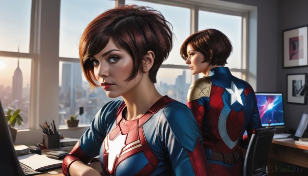 1girl,looking at viewer,short hair,brown hair,brown eyes,jewelry,sitting,upper body,earrings,looking back,indoors,from behind,lips,window,bodysuit,makeup,multiple views,chair,plant,lipstick,building,desk,city,realistic,nose,stud earrings,potted plant,computer,monitor,superhero,blue bodysuit,keyboard (computer),screen,mirror